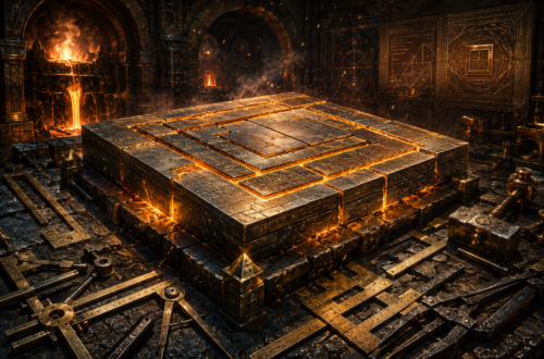 A massive geometric metal artifact composed of interlocking rectangular plates rests atop a glowing dwarven forge deep within a stone workshop. Molten gold light shines through the seams between the precisely fitted plates, illuminating measuring tools, rulers, compasses, calipers, and drafting instruments scattered across the forge floor. Sparks drift through the air as blazing furnaces burn beneath towering stone arches in the background. Intricate geometric engineering diagrams are carved into the workshop walls, reinforcing themes of precision, structure, craftsmanship, and refinement. The scene evokes the reforging of an ancient masterpiece through careful measurement and expert construction rather than combat or adventure.