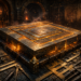 A massive geometric metal artifact composed of interlocking rectangular plates rests atop a glowing dwarven forge deep within a stone workshop. Molten gold light shines through the seams between the precisely fitted plates, illuminating measuring tools, rulers, compasses, calipers, and drafting instruments scattered across the forge floor. Sparks drift through the air as blazing furnaces burn beneath towering stone arches in the background. Intricate geometric engineering diagrams are carved into the workshop walls, reinforcing themes of precision, structure, craftsmanship, and refinement. The scene evokes the reforging of an ancient masterpiece through careful measurement and expert construction rather than combat or adventure.