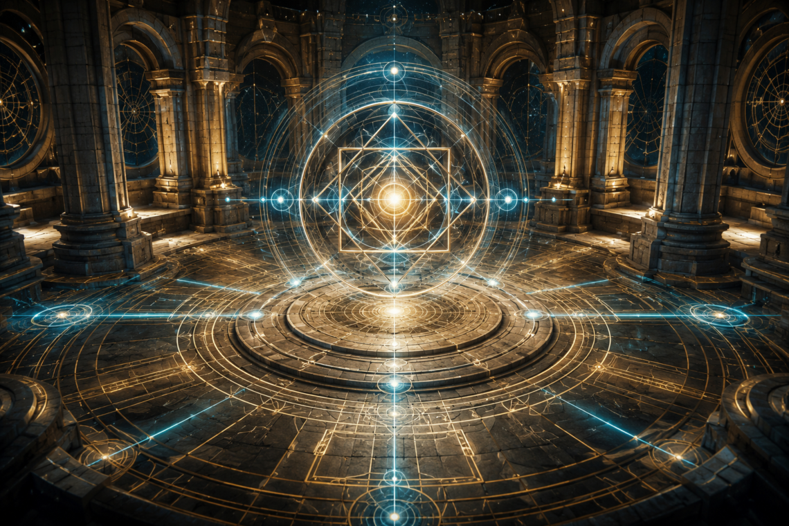 A vast circular stone chamber resembling an ancient arcane observatory is arranged in perfect symmetry around a glowing geometric artifact suspended at its exact center. Concentric rings, compass-like construction lines, and luminous geometric patterns radiate outward across the floor, while towering stone pillars and vaulted arches surround the space. Blue and gold magical energy flows evenly toward the central structure, which is composed of interlocking circles, squares, and polygons balanced in precise alignment. The scene conveys themes of geometry, order, spatial relationships, craftsmanship, and architectural mastery within a grand fantasy setting.