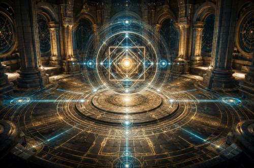 A vast circular stone chamber resembling an ancient arcane observatory is arranged in perfect symmetry around a glowing geometric artifact suspended at its exact center. Concentric rings, compass-like construction lines, and luminous geometric patterns radiate outward across the floor, while towering stone pillars and vaulted arches surround the space. Blue and gold magical energy flows evenly toward the central structure, which is composed of interlocking circles, squares, and polygons balanced in precise alignment. The scene conveys themes of geometry, order, spatial relationships, craftsmanship, and architectural mastery within a grand fantasy setting.
