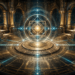 A vast circular stone chamber resembling an ancient arcane observatory is arranged in perfect symmetry around a glowing geometric artifact suspended at its exact center. Concentric rings, compass-like construction lines, and luminous geometric patterns radiate outward across the floor, while towering stone pillars and vaulted arches surround the space. Blue and gold magical energy flows evenly toward the central structure, which is composed of interlocking circles, squares, and polygons balanced in precise alignment. The scene conveys themes of geometry, order, spatial relationships, craftsmanship, and architectural mastery within a grand fantasy setting.