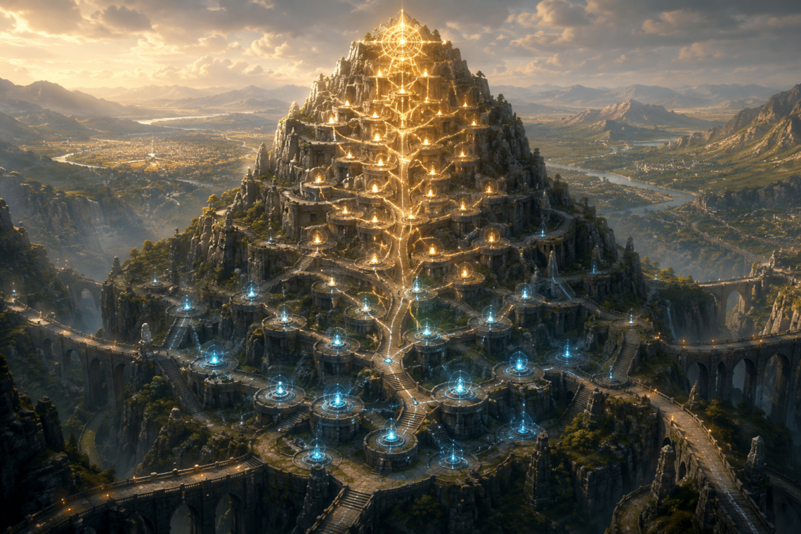 A colossal ancient stone monument shaped like a towering skill tree rises from the center of a vast mountain valley. Hundreds of glowing blue and gold energy nodes connect through branching pathways, terraces, stairways, and bridges that climb toward a brilliant radiant pinnacle at the summit. The lower levels glow softly while the upper tiers shine with increasingly powerful light, symbolizing growth, mastery, and the compounding value of long-term investment. Surrounding the monument, rivers, roads, distant settlements, and cultivated lands spread across the landscape, suggesting centuries of development fueled by the monument's energy. The scene conveys patience, progression, wisdom, and accumulated experience through an epic fantasy aesthetic.