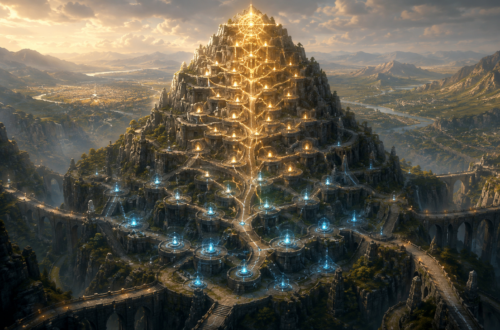 A colossal ancient stone monument shaped like a towering skill tree rises from the center of a vast mountain valley. Hundreds of glowing blue and gold energy nodes connect through branching pathways, terraces, stairways, and bridges that climb toward a brilliant radiant pinnacle at the summit. The lower levels glow softly while the upper tiers shine with increasingly powerful light, symbolizing growth, mastery, and the compounding value of long-term investment. Surrounding the monument, rivers, roads, distant settlements, and cultivated lands spread across the landscape, suggesting centuries of development fueled by the monument's energy. The scene conveys patience, progression, wisdom, and accumulated experience through an epic fantasy aesthetic.