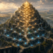 A colossal ancient stone monument shaped like a towering skill tree rises from the center of a vast mountain valley. Hundreds of glowing blue and gold energy nodes connect through branching pathways, terraces, stairways, and bridges that climb toward a brilliant radiant pinnacle at the summit. The lower levels glow softly while the upper tiers shine with increasingly powerful light, symbolizing growth, mastery, and the compounding value of long-term investment. Surrounding the monument, rivers, roads, distant settlements, and cultivated lands spread across the landscape, suggesting centuries of development fueled by the monument's energy. The scene conveys patience, progression, wisdom, and accumulated experience through an epic fantasy aesthetic.