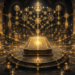 A grand fantasy chamber deep beneath an ancient royal castle, centered on a massive illuminated stone contract resting atop a circular dais. Golden streams of magical energy radiate from the contract to hundreds of surrounding scrolls, tablets, seals, and carved monuments arranged throughout the vast hall. Above the dais, an intricate network of glowing geometric symbols, circles, and interconnected pathways forms a luminous hierarchy suspended in the air, suggesting authority, inheritance, and shared laws. Towering stone pillars covered in ornate carvings frame the scene, while warm golden light fills the chamber with an atmosphere of governance, order, institutional knowledge, and enduring stewardship. The composition emphasizes a single binding agreement serving as the foundation for an entire realm.