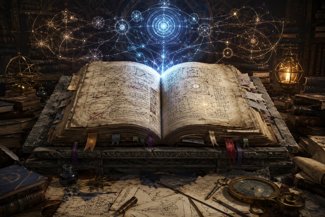 A massive ancient spellbook rests open on an ornate stone lectern at the center of a grand wizard's archive. The book's pages are filled with intricate geometric diagrams, arcane constructions, layered annotations, and evidence of repeated revisions, including crossed-out symbols and inserted bookmarks. Floating above the spellbook is a complex network of glowing blue and gold magical sigils connected by delicate lines and circular structures, appearing increasingly organized toward the center. Surrounding the lectern are stacks of weathered grimoires, loose parchment diagrams, quills, measuring instruments, compasses, and scholarly tools scattered across a richly detailed workspace. Warm lantern light illuminates the archive while magical energy radiates upward from the book, creating an atmosphere of careful refinement, accumulated knowledge, and the ongoing maintenance of a powerful arcane reference.
