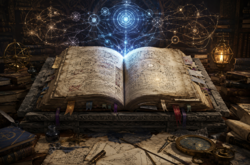 A massive ancient spellbook rests open on an ornate stone lectern at the center of a grand wizard's archive. The book's pages are filled with intricate geometric diagrams, arcane constructions, layered annotations, and evidence of repeated revisions, including crossed-out symbols and inserted bookmarks. Floating above the spellbook is a complex network of glowing blue and gold magical sigils connected by delicate lines and circular structures, appearing increasingly organized toward the center. Surrounding the lectern are stacks of weathered grimoires, loose parchment diagrams, quills, measuring instruments, compasses, and scholarly tools scattered across a richly detailed workspace. Warm lantern light illuminates the archive while magical energy radiates upward from the book, creating an atmosphere of careful refinement, accumulated knowledge, and the ongoing maintenance of a powerful arcane reference.