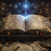 A massive ancient spellbook rests open on an ornate stone lectern at the center of a grand wizard's archive. The book's pages are filled with intricate geometric diagrams, arcane constructions, layered annotations, and evidence of repeated revisions, including crossed-out symbols and inserted bookmarks. Floating above the spellbook is a complex network of glowing blue and gold magical sigils connected by delicate lines and circular structures, appearing increasingly organized toward the center. Surrounding the lectern are stacks of weathered grimoires, loose parchment diagrams, quills, measuring instruments, compasses, and scholarly tools scattered across a richly detailed workspace. Warm lantern light illuminates the archive while magical energy radiates upward from the book, creating an atmosphere of careful refinement, accumulated knowledge, and the ongoing maintenance of a powerful arcane reference.