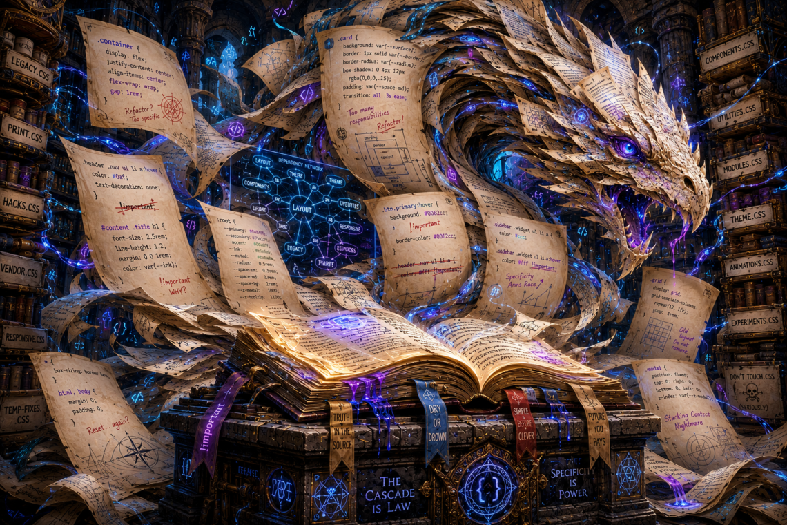 An enormous ancient spellbook rests on a carved stone pedestal in a vast arcane archive as hundreds of stylesheet-like parchment pages erupt from its open pages and merge into a colossal serpentine creature made entirely of CSS rules, annotations, diagrams, revisions, and glowing magical symbols. The parchment monster coils through towering shelves filled with labeled codices while streams of luminous blue and violet magical energy connect scattered documents into a sprawling network of dependencies. Individual pages display selectors, properties, comments, crossed-out declarations, and specificity notes, emphasizing accumulated technical debt and architectural complexity. The scene is illuminated by glowing runes, magical ink, and dramatic volumetric light, creating the impression of a once-useful body of knowledge that has grown beyond its original purpose and become an intelligent living manifestation of an unmaintainable stylesheet.