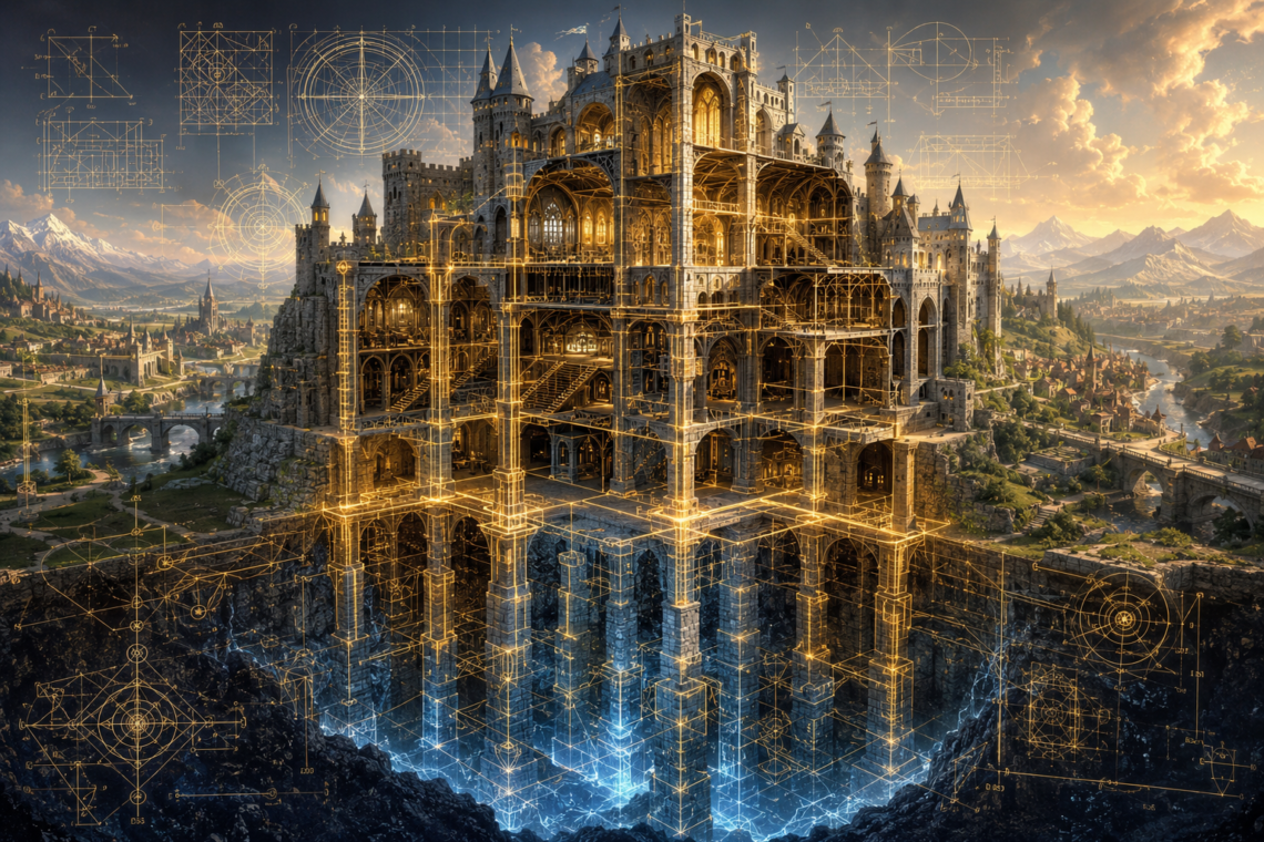 A monumental fantasy castle is shown in dramatic cutaway cross section, revealing its immense stone foundations extending deep into bedrock beneath the kingdom. Glowing golden architectural lines, magical construction diagrams, geometric overlays, and blueprint-style annotations trace the load-bearing arches, columns, bridges, stairways, and vaulted chambers that support the entire structure. Warm sunlight illuminates the thriving realm above while cool blue light radiates from the hidden foundations below, symbolizing that enduring strength comes from carefully designed structure. The detailed editorial illustration evokes a Dungeons & Dragons-inspired architectural masterpiece, visually representing the unseen framework that supports a successful software system.