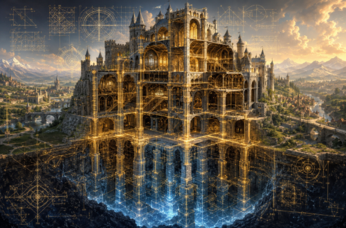 A monumental fantasy castle is shown in dramatic cutaway cross section, revealing its immense stone foundations extending deep into bedrock beneath the kingdom. Glowing golden architectural lines, magical construction diagrams, geometric overlays, and blueprint-style annotations trace the load-bearing arches, columns, bridges, stairways, and vaulted chambers that support the entire structure. Warm sunlight illuminates the thriving realm above while cool blue light radiates from the hidden foundations below, symbolizing that enduring strength comes from carefully designed structure. The detailed editorial illustration evokes a Dungeons & Dragons-inspired architectural masterpiece, visually representing the unseen framework that supports a successful software system.