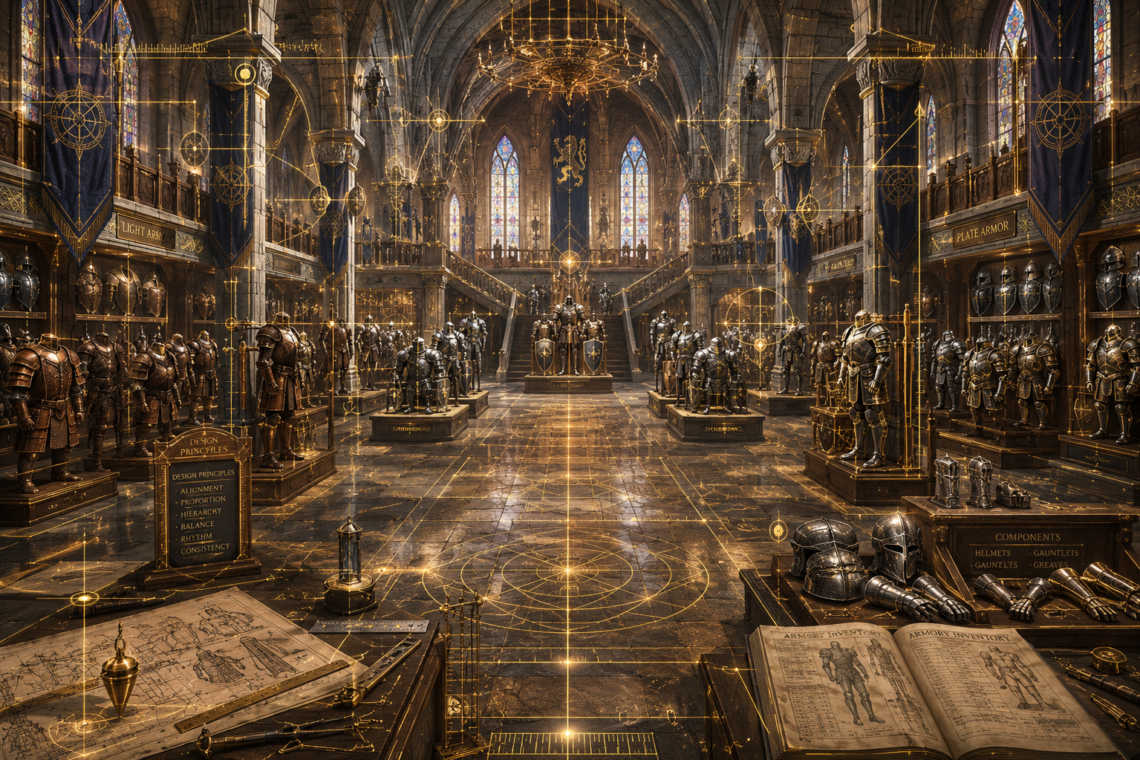 A vast medieval royal armory stretches through a grand vaulted castle hall where hundreds of meticulously arranged suits of armor are displayed on pedestals, racks, and alcoves with perfect symmetry. Glowing golden magical construction lines, geometric drafting diagrams, measuring guides, and alignment grids overlay the architecture, emphasizing organization, hierarchy, and precision. Sunlight pours through towering stained-glass windows, illuminating polished steel armor, carved stone columns, architectural blueprints, measuring tools, and inventory ledgers. The richly detailed fantasy scene conveys craftsmanship, maintainability, and thoughtful design, symbolizing the principles of structured CSS layout and front-end architecture without depicting any people or action.
