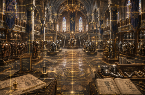A vast medieval royal armory stretches through a grand vaulted castle hall where hundreds of meticulously arranged suits of armor are displayed on pedestals, racks, and alcoves with perfect symmetry. Glowing golden magical construction lines, geometric drafting diagrams, measuring guides, and alignment grids overlay the architecture, emphasizing organization, hierarchy, and precision. Sunlight pours through towering stained-glass windows, illuminating polished steel armor, carved stone columns, architectural blueprints, measuring tools, and inventory ledgers. The richly detailed fantasy scene conveys craftsmanship, maintainability, and thoughtful design, symbolizing the principles of structured CSS layout and front-end architecture without depicting any people or action.