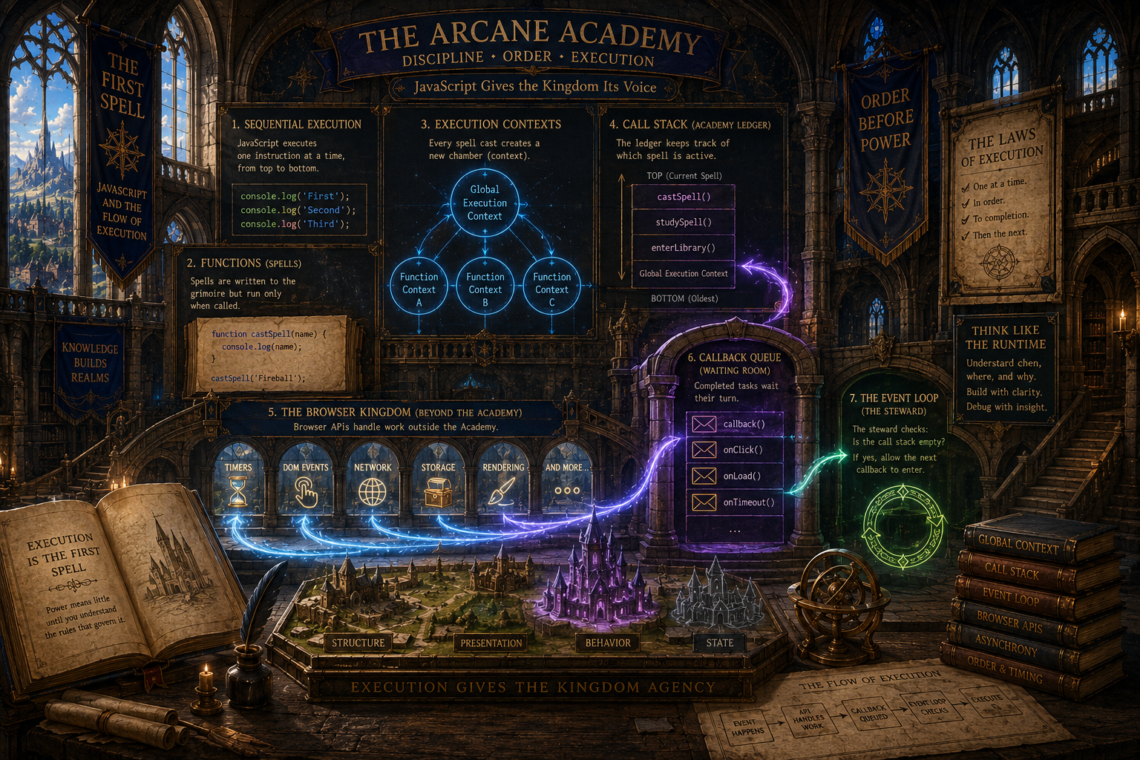 A richly detailed Dungeons & Dragons-inspired fantasy illustration of the Arcane Academy, where the principles of JavaScript execution are represented as an organized system of magical scholarship and engineering. The vast medieval academy features towering stone arches, illuminated instructional panels, glowing diagrams, spellbooks, and magical energy flowing through the hall to illustrate sequential execution, functions, execution contexts, the Global Execution Context, the call stack, browser APIs, callback queues, and the event loop. At the center, streams of arcane energy connect the academy's systems, symbolizing how JavaScript gives a web application the ability to respond to user actions through disciplined, predictable execution. A detailed model of a fantasy kingdom at the bottom of the scene progresses from structure and presentation to behavior and state, reinforcing the journey of The Full-Stack Campaign and the idea that execution gives the kingdom agency.