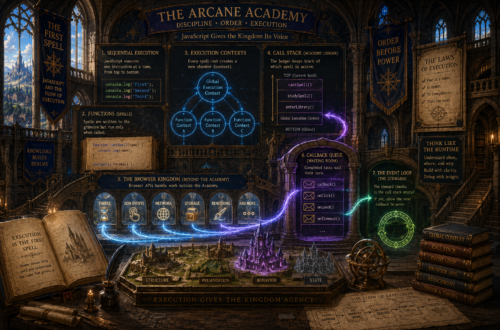 A richly detailed Dungeons & Dragons-inspired fantasy illustration of the Arcane Academy, where the principles of JavaScript execution are represented as an organized system of magical scholarship and engineering. The vast medieval academy features towering stone arches, illuminated instructional panels, glowing diagrams, spellbooks, and magical energy flowing through the hall to illustrate sequential execution, functions, execution contexts, the Global Execution Context, the call stack, browser APIs, callback queues, and the event loop. At the center, streams of arcane energy connect the academy's systems, symbolizing how JavaScript gives a web application the ability to respond to user actions through disciplined, predictable execution. A detailed model of a fantasy kingdom at the bottom of the scene progresses from structure and presentation to behavior and state, reinforcing the journey of The Full-Stack Campaign and the idea that execution gives the kingdom agency.
