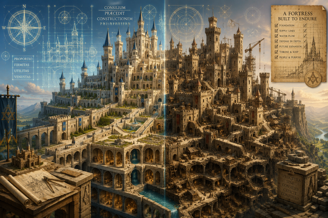 A vast medieval fantasy castle dominates the landscape, split into two contrasting halves to illustrate the importance of architectural planning. The left side features a beautifully organized fortress with symmetrical towers, interconnected courtyards, bridges, aqueducts, and orderly roads, overlaid with glowing magical blueprints, surveying grids, compass roses, and geometric construction diagrams. The right side remains impressive but is visibly less organized, with awkward tower placement, inefficient stairways, conflicting roads, and haphazard expansions that suggest growth without an overall plan. Artistic cutaway sections reveal deep stone foundations, underground chambers, drainage tunnels, and structural supports extending into bedrock. Tiny builders and stonemasons emphasize the immense scale of the castle, while warm morning light highlights the contrast between intentional design and organic growth, visually representing the role of software architecture in creating maintainable, long-lasting systems.