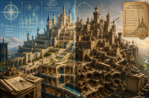 A vast medieval fantasy castle dominates the landscape, split into two contrasting halves to illustrate the importance of architectural planning. The left side features a beautifully organized fortress with symmetrical towers, interconnected courtyards, bridges, aqueducts, and orderly roads, overlaid with glowing magical blueprints, surveying grids, compass roses, and geometric construction diagrams. The right side remains impressive but is visibly less organized, with awkward tower placement, inefficient stairways, conflicting roads, and haphazard expansions that suggest growth without an overall plan. Artistic cutaway sections reveal deep stone foundations, underground chambers, drainage tunnels, and structural supports extending into bedrock. Tiny builders and stonemasons emphasize the immense scale of the castle, while warm morning light highlights the contrast between intentional design and organic growth, visually representing the role of software architecture in creating maintainable, long-lasting systems.