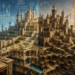 A vast medieval fantasy castle dominates the landscape, split into two contrasting halves to illustrate the importance of architectural planning. The left side features a beautifully organized fortress with symmetrical towers, interconnected courtyards, bridges, aqueducts, and orderly roads, overlaid with glowing magical blueprints, surveying grids, compass roses, and geometric construction diagrams. The right side remains impressive but is visibly less organized, with awkward tower placement, inefficient stairways, conflicting roads, and haphazard expansions that suggest growth without an overall plan. Artistic cutaway sections reveal deep stone foundations, underground chambers, drainage tunnels, and structural supports extending into bedrock. Tiny builders and stonemasons emphasize the immense scale of the castle, while warm morning light highlights the contrast between intentional design and organic growth, visually representing the role of software architecture in creating maintainable, long-lasting systems.