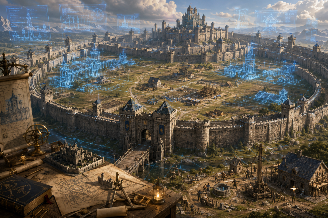 A vast medieval fantasy kingdom is enclosed within enormous concentric stone walls, towering gatehouses, fortified keeps, and defensive towers that dominate the landscape. Despite the immense fortifications, the protected interior remains largely undeveloped, with only a few cottages, a small farmhouse, scattered construction sites, unfinished roads, and a partially built marketplace spread across open fields. Glowing blue magical architectural projections overlay the empty city, revealing ambitious plans for future districts, guild halls, towers, canals, and public buildings that have yet to be constructed. In the foreground, drafting tables, blueprints, surveying instruments, and engineering tools reinforce the theme of excessive planning, while a small group of builders focuses on practical structures such as a well and simple homes. The painterly Dungeons & Dragons-inspired scene symbolizes the software engineering concept of premature overengineering by contrasting overwhelming defensive infrastructure with a kingdom that has barely begun to grow.