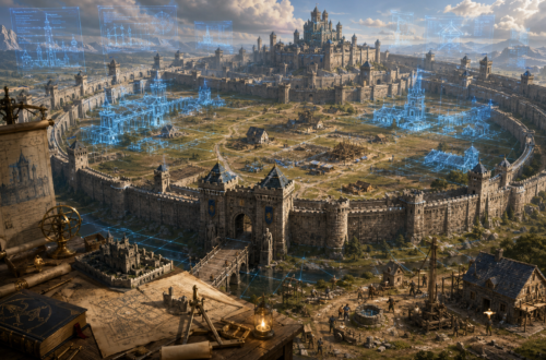 A vast medieval fantasy kingdom is enclosed within enormous concentric stone walls, towering gatehouses, fortified keeps, and defensive towers that dominate the landscape. Despite the immense fortifications, the protected interior remains largely undeveloped, with only a few cottages, a small farmhouse, scattered construction sites, unfinished roads, and a partially built marketplace spread across open fields. Glowing blue magical architectural projections overlay the empty city, revealing ambitious plans for future districts, guild halls, towers, canals, and public buildings that have yet to be constructed. In the foreground, drafting tables, blueprints, surveying instruments, and engineering tools reinforce the theme of excessive planning, while a small group of builders focuses on practical structures such as a well and simple homes. The painterly Dungeons & Dragons-inspired scene symbolizes the software engineering concept of premature overengineering by contrasting overwhelming defensive infrastructure with a kingdom that has barely begun to grow.
