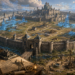 A vast medieval fantasy kingdom is enclosed within enormous concentric stone walls, towering gatehouses, fortified keeps, and defensive towers that dominate the landscape. Despite the immense fortifications, the protected interior remains largely undeveloped, with only a few cottages, a small farmhouse, scattered construction sites, unfinished roads, and a partially built marketplace spread across open fields. Glowing blue magical architectural projections overlay the empty city, revealing ambitious plans for future districts, guild halls, towers, canals, and public buildings that have yet to be constructed. In the foreground, drafting tables, blueprints, surveying instruments, and engineering tools reinforce the theme of excessive planning, while a small group of builders focuses on practical structures such as a well and simple homes. The painterly Dungeons & Dragons-inspired scene symbolizes the software engineering concept of premature overengineering by contrasting overwhelming defensive infrastructure with a kingdom that has barely begun to grow.