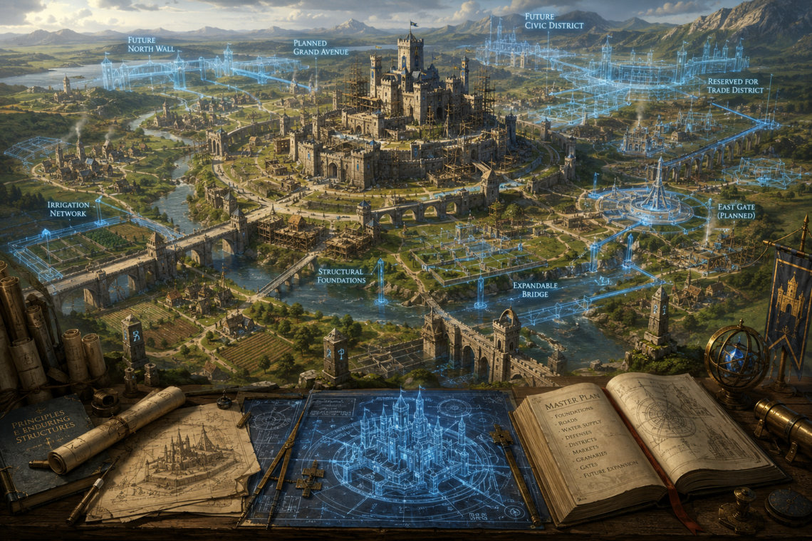 A panoramic fantasy kingdom is shown in the early stages of carefully planned expansion, centered on a partially completed stone castle surrounded by villages, bridges, roads, and farmland. Glowing blue architectural overlays, magical surveying grids, and blueprint-style projections illustrate future city walls, districts, bridges, and infrastructure without physically constructing them. In the foreground, an architect's drafting table holds illuminated blueprints, manuscripts, measuring tools, compasses, and engineering instruments, reinforcing the theme of deliberate planning and long-term design. The peaceful medieval landscape emphasizes thoughtful growth, maintainability, and architectural foresight in a classic Dungeons & Dragons-inspired editorial fantasy style.