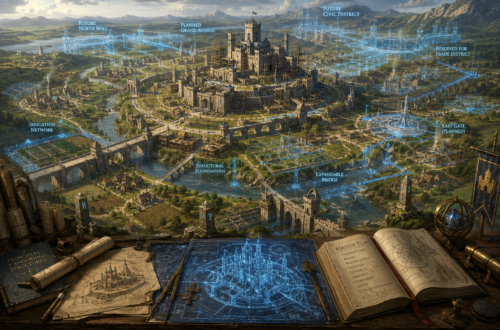 A panoramic fantasy kingdom is shown in the early stages of carefully planned expansion, centered on a partially completed stone castle surrounded by villages, bridges, roads, and farmland. Glowing blue architectural overlays, magical surveying grids, and blueprint-style projections illustrate future city walls, districts, bridges, and infrastructure without physically constructing them. In the foreground, an architect's drafting table holds illuminated blueprints, manuscripts, measuring tools, compasses, and engineering instruments, reinforcing the theme of deliberate planning and long-term design. The peaceful medieval landscape emphasizes thoughtful growth, maintainability, and architectural foresight in a classic Dungeons & Dragons-inspired editorial fantasy style.