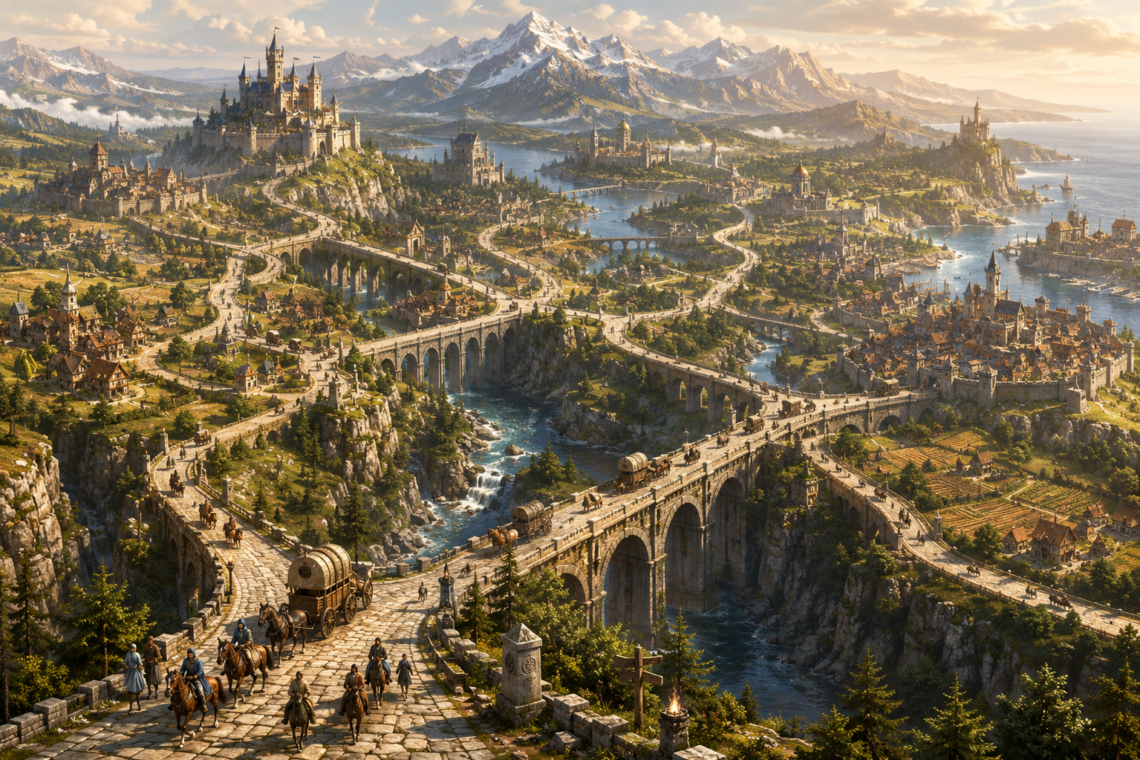 A sweeping high-angle fantasy landscape depicts a thriving medieval kingdom interconnected by an extensive network of beautifully engineered stone roads and towering arched bridges. Magnificent walled cities, castles, villages, ports, and mountain fortresses are linked across rivers, cliffs, forests, fertile farmland, and snow-capped peaks, emphasizing the infrastructure that unites the realm. Merchant caravans, mounted couriers, travelers, and supply wagons move peacefully along the highways beneath warm golden morning light, illustrating dependable communication, cooperation, and thoughtful planning. The image symbolizes well-designed software architecture, with the roads representing trusted APIs that seamlessly connect independent systems into a unified, flourishing kingdom.