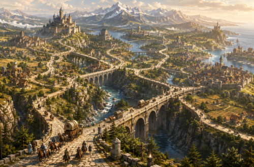 A sweeping high-angle fantasy landscape depicts a thriving medieval kingdom interconnected by an extensive network of beautifully engineered stone roads and towering arched bridges. Magnificent walled cities, castles, villages, ports, and mountain fortresses are linked across rivers, cliffs, forests, fertile farmland, and snow-capped peaks, emphasizing the infrastructure that unites the realm. Merchant caravans, mounted couriers, travelers, and supply wagons move peacefully along the highways beneath warm golden morning light, illustrating dependable communication, cooperation, and thoughtful planning. The image symbolizes well-designed software architecture, with the roads representing trusted APIs that seamlessly connect independent systems into a unified, flourishing kingdom.