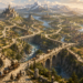 A sweeping high-angle fantasy landscape depicts a thriving medieval kingdom interconnected by an extensive network of beautifully engineered stone roads and towering arched bridges. Magnificent walled cities, castles, villages, ports, and mountain fortresses are linked across rivers, cliffs, forests, fertile farmland, and snow-capped peaks, emphasizing the infrastructure that unites the realm. Merchant caravans, mounted couriers, travelers, and supply wagons move peacefully along the highways beneath warm golden morning light, illustrating dependable communication, cooperation, and thoughtful planning. The image symbolizes well-designed software architecture, with the roads representing trusted APIs that seamlessly connect independent systems into a unified, flourishing kingdom.