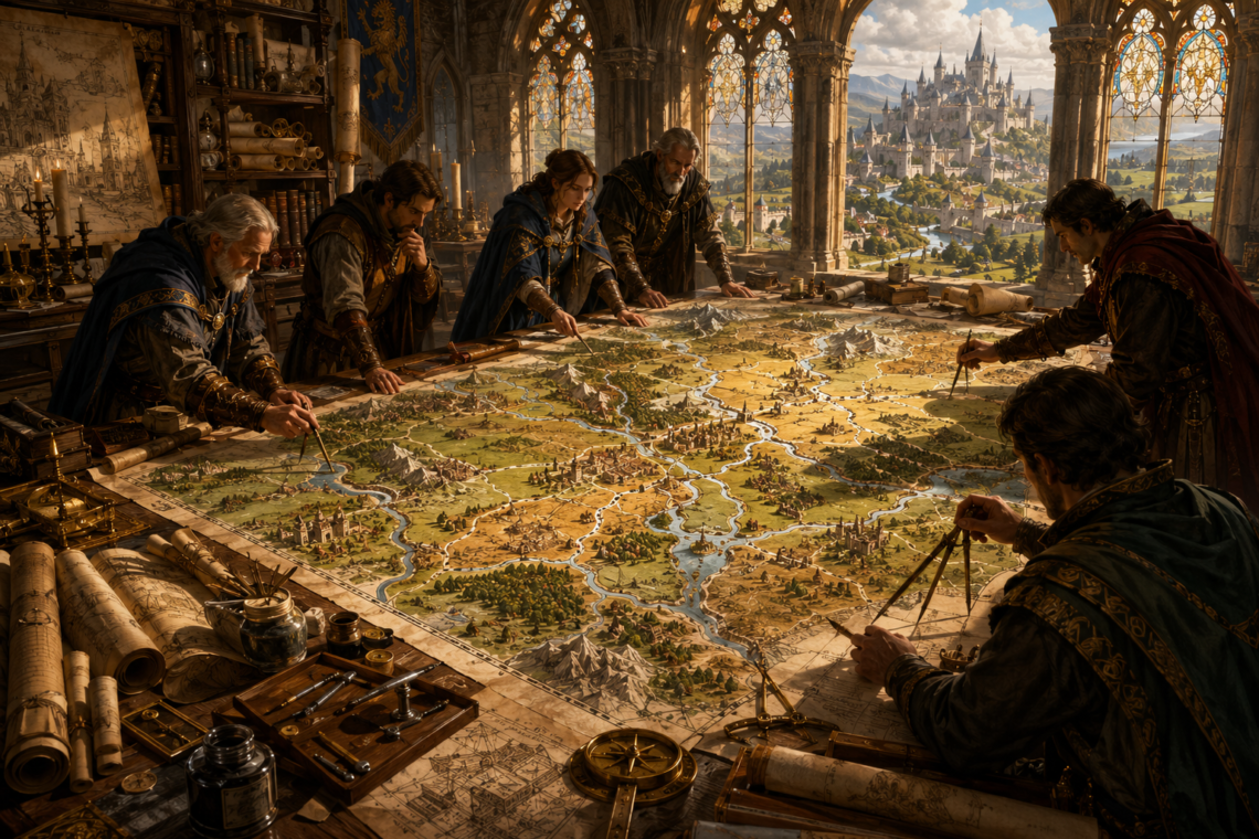 A group of royal architects and cartographers gather around a massive illuminated kingdom map inside an ornate medieval planning hall. Using compasses, rulers, and drafting tools, they carefully define provincial boundaries that follow rivers, mountains, and trade routes. Shelves filled with scrolls, blueprints, and surveying instruments surround the room, while stained-glass windows reveal a thriving kingdom beyond. The detailed fantasy scene symbolizes thoughtful software architecture by illustrating the deliberate planning and organization required to establish meaningful boundaries within a growing system.