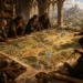 A group of royal architects and cartographers gather around a massive illuminated kingdom map inside an ornate medieval planning hall. Using compasses, rulers, and drafting tools, they carefully define provincial boundaries that follow rivers, mountains, and trade routes. Shelves filled with scrolls, blueprints, and surveying instruments surround the room, while stained-glass windows reveal a thriving kingdom beyond. The detailed fantasy scene symbolizes thoughtful software architecture by illustrating the deliberate planning and organization required to establish meaningful boundaries within a growing system.