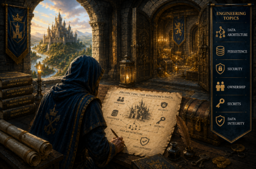 A hooded royal architect studies a detailed medieval blueprint inside a heavily fortified castle treasury, where secure vaults, locked chests, and guarded passageways symbolize data protection, ownership, persistence, secrets management, and data integrity. Through a large stone archway, a majestic castle overlooks a peaceful river valley, reinforcing the theme that strong software architecture protects an organization's most valuable assets through thoughtful design rather than visible defenses alone.