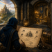 A hooded royal architect studies a detailed medieval blueprint inside a heavily fortified castle treasury, where secure vaults, locked chests, and guarded passageways symbolize data protection, ownership, persistence, secrets management, and data integrity. Through a large stone archway, a majestic castle overlooks a peaceful river valley, reinforcing the theme that strong software architecture protects an organization's most valuable assets through thoughtful design rather than visible defenses alone.