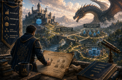 A sprawling medieval fantasy kingdom stretches across a lush valley, with a fortified castle serving as the central hub of an expansive network of roads, bridges, and satellite settlements that symbolize a scalable software architecture. A massive dragon circles above the kingdom, representing the challenges of system growth, while an architect studies detailed plans from a stone overlook in the foreground. Glowing pathways connect infrastructure throughout the realm, illustrating concepts such as load balancing, distributed systems, caching, and scalable services. The scene emphasizes thoughtful planning, resilient infrastructure, and measured expansion through richly detailed architecture and environmental storytelling, using a classic Dungeons & Dragons-inspired aesthetic to visualize modern software engineering principles.