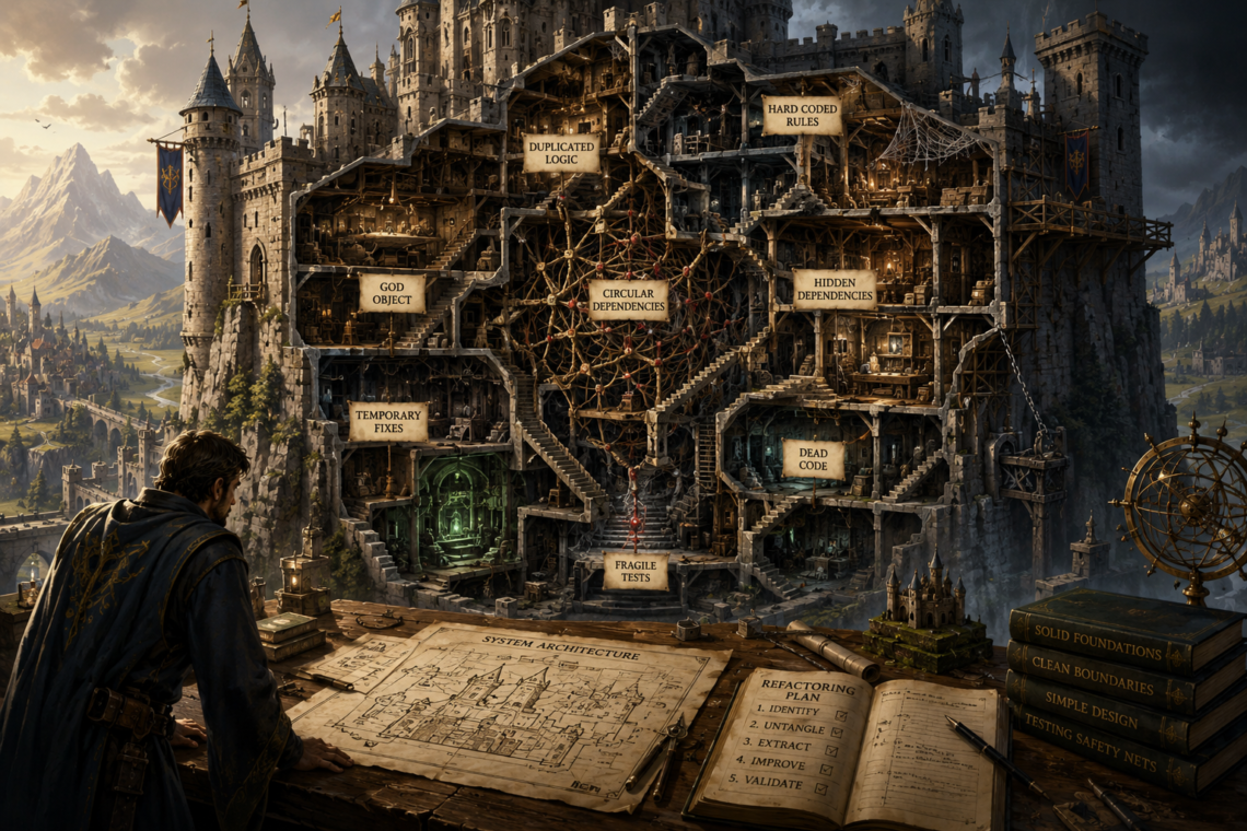 A detailed fantasy castle is shown in cross-section, revealing a maze of interconnected rooms, stairways, hidden passages, and structural layers that symbolize the complexity of a long-lived software system. At the center, tangled corridors and web-like connections represent circular dependencies and hidden coupling, while workshop-like chambers illustrate concepts such as duplicated logic, hard-coded rules, temporary fixes, fragile tests, dead code, and hidden dependencies. In the foreground, an architect studies blueprints and a refactoring plan spread across a drafting table, surrounded by engineering tools, manuscripts, and architectural diagrams. The surrounding kingdom is orderly and well maintained, contrasting with the increasingly convoluted interior of the castle. The painterly, Dungeons & Dragons-inspired editorial illustration uses fantasy architecture to represent technical debt, legacy systems, refactoring, and the challenge of maintaining software that has grown through years of incremental change.