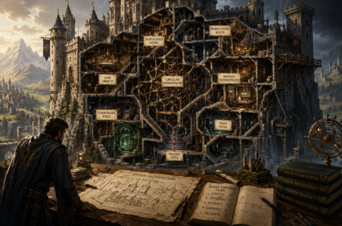 A detailed fantasy castle is shown in cross-section, revealing a maze of interconnected rooms, stairways, hidden passages, and structural layers that symbolize the complexity of a long-lived software system. At the center, tangled corridors and web-like connections represent circular dependencies and hidden coupling, while workshop-like chambers illustrate concepts such as duplicated logic, hard-coded rules, temporary fixes, fragile tests, dead code, and hidden dependencies. In the foreground, an architect studies blueprints and a refactoring plan spread across a drafting table, surrounded by engineering tools, manuscripts, and architectural diagrams. The surrounding kingdom is orderly and well maintained, contrasting with the increasingly convoluted interior of the castle. The painterly, Dungeons & Dragons-inspired editorial illustration uses fantasy architecture to represent technical debt, legacy systems, refactoring, and the challenge of maintaining software that has grown through years of incremental change.