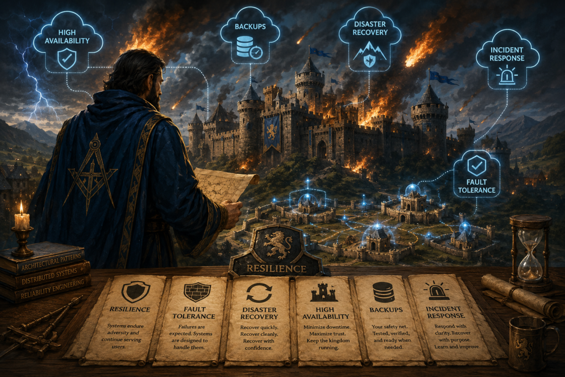 A fantasy-inspired digital illustration depicts a royal architect standing over maps and plans as a massive stone castle burns under a night sky filled with flaming projectiles. Although sections of the fortress are engulfed in flames, smaller fortified districts below remain connected by glowing blue pathways, symbolizing resilient system architecture and fault isolation. Floating holographic icons represent High Availability, Backups, Disaster Recovery, Fault Tolerance, and Incident Response, visually linking medieval defenses with modern software engineering concepts. Scrolls and architectural plans in the foreground reinforce themes of preparation, recovery, and thoughtful design, while the dramatic contrast between destruction and continuity emphasizes that resilient systems are designed to withstand failure rather than prevent it entirely.