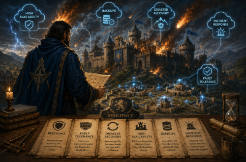 A fantasy-inspired digital illustration depicts a royal architect standing over maps and plans as a massive stone castle burns under a night sky filled with flaming projectiles. Although sections of the fortress are engulfed in flames, smaller fortified districts below remain connected by glowing blue pathways, symbolizing resilient system architecture and fault isolation. Floating holographic icons represent High Availability, Backups, Disaster Recovery, Fault Tolerance, and Incident Response, visually linking medieval defenses with modern software engineering concepts. Scrolls and architectural plans in the foreground reinforce themes of preparation, recovery, and thoughtful design, while the dramatic contrast between destruction and continuity emphasizes that resilient systems are designed to withstand failure rather than prevent it entirely.
