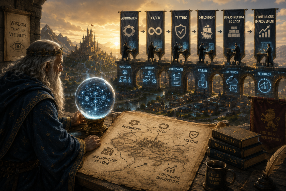 A wise wizard studies a glowing crystal orb overlooking a vast fantasy kingdom where medieval architecture merges with modern software engineering. Across a towering stone aqueduct, six banners illustrate a continuous delivery pipeline labeled Automation, CI/CD, Testing, Deployment, Infrastructure as Code, and Continuous Improvement, with engineers working at illuminated stations beneath each stage. A detailed map on the wizard's table mirrors the same workflow using symbols and pathways, while holographic diagrams and glowing blue interfaces blend seamlessly into the medieval setting. The composition symbolizes mature software engineering practices transforming disciplined processes into an automated, self-improving kingdom, with warm golden light contrasting against cool blue technological elements. The article title does not appear in the image.
