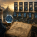 A wise wizard studies a glowing crystal orb overlooking a vast fantasy kingdom where medieval architecture merges with modern software engineering. Across a towering stone aqueduct, six banners illustrate a continuous delivery pipeline labeled Automation, CI/CD, Testing, Deployment, Infrastructure as Code, and Continuous Improvement, with engineers working at illuminated stations beneath each stage. A detailed map on the wizard's table mirrors the same workflow using symbols and pathways, while holographic diagrams and glowing blue interfaces blend seamlessly into the medieval setting. The composition symbolizes mature software engineering practices transforming disciplined processes into an automated, self-improving kingdom, with warm golden light contrasting against cool blue technological elements. The article title does not appear in the image.