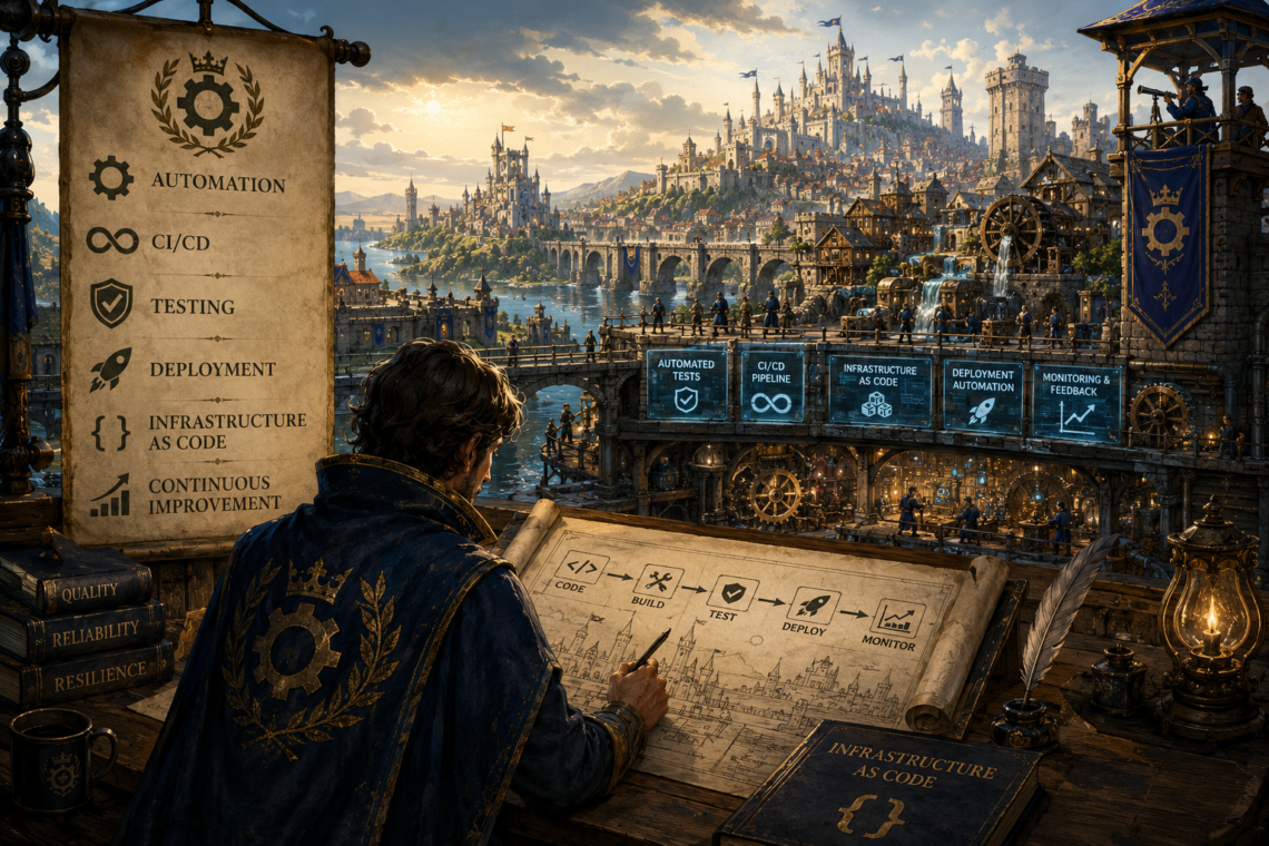 A fantasy-inspired illustration depicts a master engineer overlooking a thriving medieval kingdom powered by invisible systems rather than heroic effort. In the foreground, a cloaked architect studies a blueprint illustrating a software delivery pipeline from code to build, test, deployment, and monitoring. Below, workshops, waterwheels, bridges, and aqueducts symbolize automated infrastructure supporting the bustling city above. Watchtowers overlook the realm while illuminated engineering panels represent automated testing, CI/CD pipelines, infrastructure as code, deployment automation, and monitoring. The scene conveys how automation, continuous improvement, and dependable engineering systems quietly enable a prosperous kingdom without drawing attention to themselves.