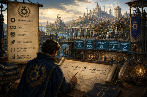 A fantasy-inspired illustration depicts a master engineer overlooking a thriving medieval kingdom powered by invisible systems rather than heroic effort. In the foreground, a cloaked architect studies a blueprint illustrating a software delivery pipeline from code to build, test, deployment, and monitoring. Below, workshops, waterwheels, bridges, and aqueducts symbolize automated infrastructure supporting the bustling city above. Watchtowers overlook the realm while illuminated engineering panels represent automated testing, CI/CD pipelines, infrastructure as code, deployment automation, and monitoring. The scene conveys how automation, continuous improvement, and dependable engineering systems quietly enable a prosperous kingdom without drawing attention to themselves.
