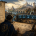 A fantasy-inspired illustration depicts a master engineer overlooking a thriving medieval kingdom powered by invisible systems rather than heroic effort. In the foreground, a cloaked architect studies a blueprint illustrating a software delivery pipeline from code to build, test, deployment, and monitoring. Below, workshops, waterwheels, bridges, and aqueducts symbolize automated infrastructure supporting the bustling city above. Watchtowers overlook the realm while illuminated engineering panels represent automated testing, CI/CD pipelines, infrastructure as code, deployment automation, and monitoring. The scene conveys how automation, continuous improvement, and dependable engineering systems quietly enable a prosperous kingdom without drawing attention to themselves.