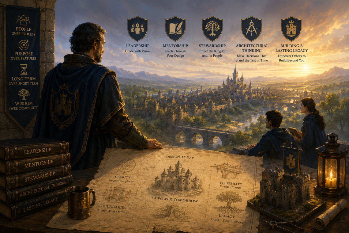 A cinematic fantasy illustration of a master architect standing on a castle balcony at sunrise, overlooking a vast medieval kingdom while mentoring two apprentices. An architectural blueprint of the kingdom is spread across a stone table alongside drafting tools, a castle model, and books labeled Leadership, Mentorship, Stewardship, Architectural Thinking, and Lasting Legacy. Banners and heraldic emblems reinforce themes of leadership, architectural vision, and building systems that endure. The warm golden light, expansive cityscape, and symbolic imagery convey the lasting influence of thoughtful software architecture, mentorship, and engineering stewardship across generations.