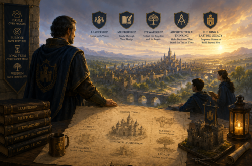 A cinematic fantasy illustration of a master architect standing on a castle balcony at sunrise, overlooking a vast medieval kingdom while mentoring two apprentices. An architectural blueprint of the kingdom is spread across a stone table alongside drafting tools, a castle model, and books labeled Leadership, Mentorship, Stewardship, Architectural Thinking, and Lasting Legacy. Banners and heraldic emblems reinforce themes of leadership, architectural vision, and building systems that endure. The warm golden light, expansive cityscape, and symbolic imagery convey the lasting influence of thoughtful software architecture, mentorship, and engineering stewardship across generations.