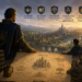 A cinematic fantasy illustration of a master architect standing on a castle balcony at sunrise, overlooking a vast medieval kingdom while mentoring two apprentices. An architectural blueprint of the kingdom is spread across a stone table alongside drafting tools, a castle model, and books labeled Leadership, Mentorship, Stewardship, Architectural Thinking, and Lasting Legacy. Banners and heraldic emblems reinforce themes of leadership, architectural vision, and building systems that endure. The warm golden light, expansive cityscape, and symbolic imagery convey the lasting influence of thoughtful software architecture, mentorship, and engineering stewardship across generations.