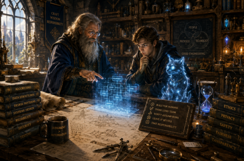 A wide, painterly fantasy workshop serves as an editorial metaphor for modern software engineering. An experienced wizard mentor and a thoughtful apprentice study a glowing architectural blueprint projected above a large drafting table covered with medieval engineering plans, measuring tools, and manuscripts. A luminous blue magical familiar sits beside them, symbolizing human and AI collaboration. Towering bookshelves are filled with volumes on algorithms, design patterns, testing, security, ethics, and software architecture, while the surrounding workshop features drafting instruments, enchanted artifacts, blueprints, and engineering ledgers that emphasize craftsmanship, long-term planning, and responsible engineering. Warm golden light contrasts with cool blue magical illumination, creating an atmosphere of thoughtful mentorship where engineering judgment, software craftsmanship, and responsible AI take precedence over magical spectacle. The image introduces The Enchanted Workshop by portraying software engineering as a disciplined craft supported by powerful tools rather than defined by them, consistent with the StackNScroll editorial illustration philosophy.