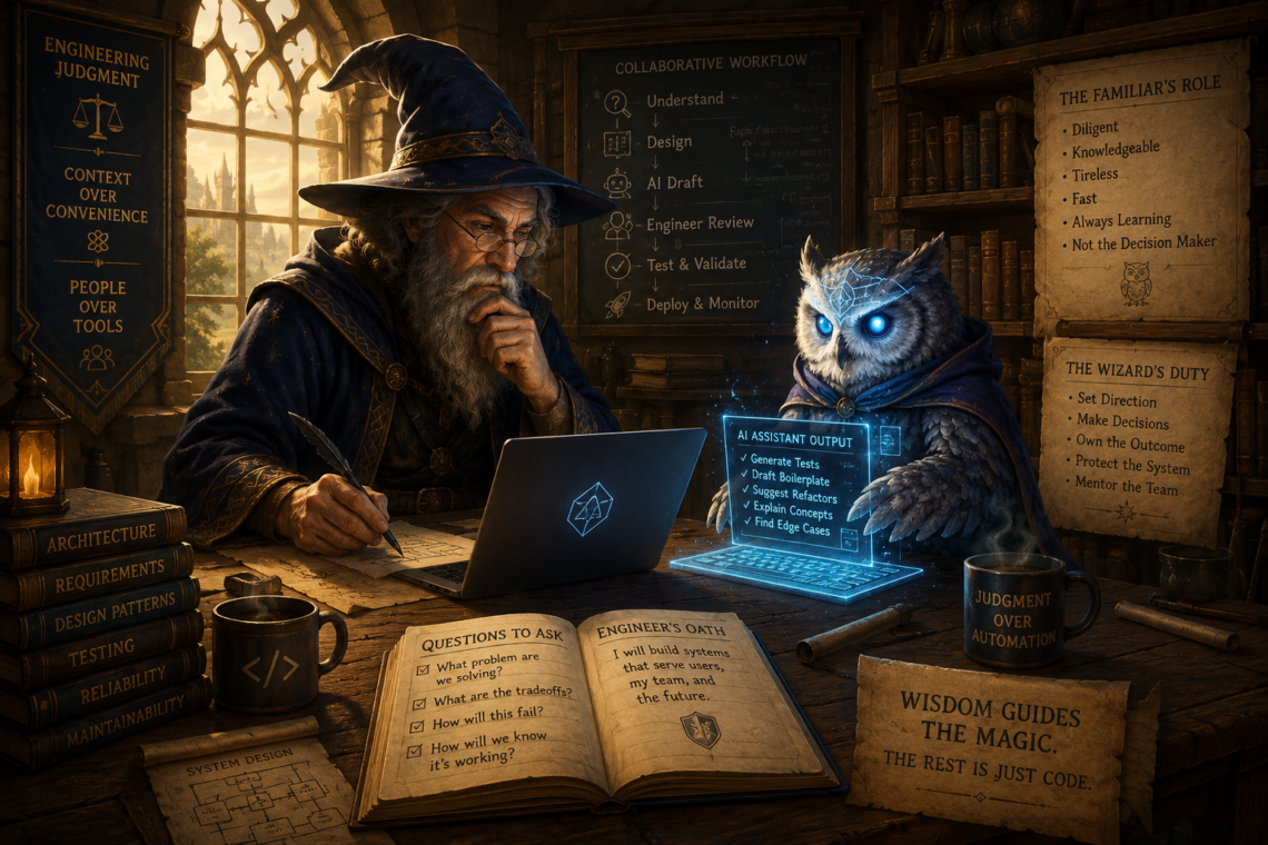 An experienced wizard sits thoughtfully at a workbench inside a warm, medieval-inspired workshop, collaborating with a glowing owl familiar that represents artificial intelligence. Ancient spellbooks and engineering references surround them alongside a modern laptop displaying architectural diagrams, while magical holographic interfaces illustrate AI-assisted development workflows. Banners and notes throughout the workshop emphasize engineering judgment, human responsibility, and collaboration over automation. The scene blends fantasy and software engineering to symbolize AI as a trusted apprentice that accelerates development without replacing the wisdom, decision-making, and accountability of the engineer.