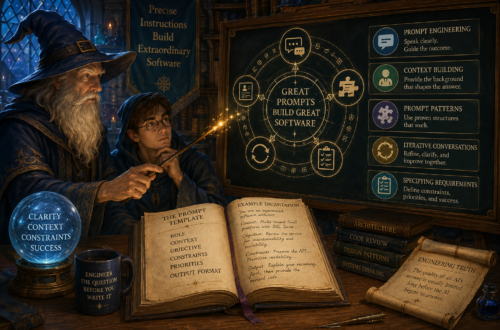 An experienced wizard mentors a young apprentice in a candlelit magical workshop where fantasy and software engineering converge. A glowing instructional board illustrates prompt engineering concepts including context building, prompt patterns, iterative conversations, and specifying requirements, while an open spellbook displays a structured AI prompt template. A crystal ball labeled with clarity, context, constraints, and success symbolizes effective prompt design, surrounded by engineering books, architectural references, and magical artifacts that reinforce the theme of AI as an apprentice guided by thoughtful engineering judgment.